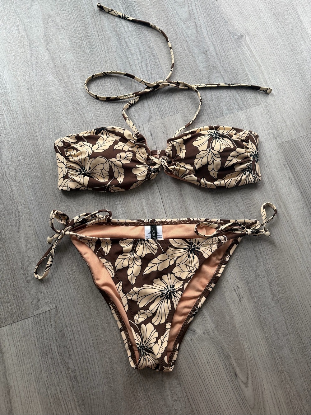 Floral Bandeau Tie-Side Bikini Set in Brown and Cream